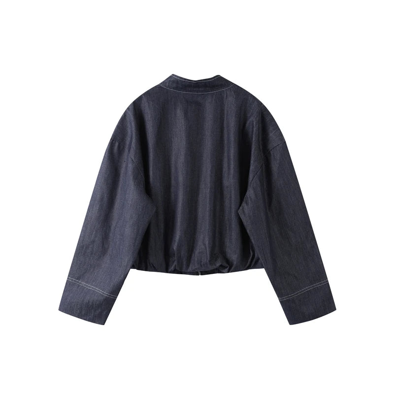 Denim Jacket Mini Skirt Women 2 Piece Set Stand Collar Zipper Long Sleeve Pocket Coat A-line Skirts