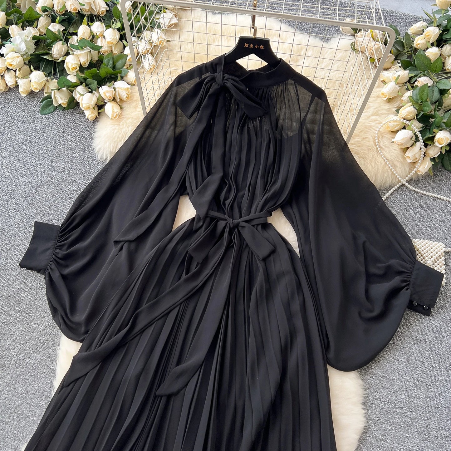 Women Elegant Long Flare Sleeves Vintage Bow neck Bow Loose Midi Dress