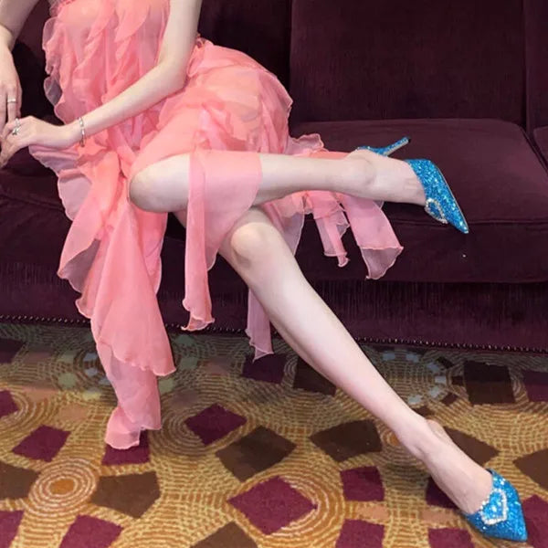 Shallow Mouth High-heeled Women's Shoes Love Rhinestone Shining Thin Heel Pump Slippers