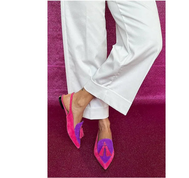 Color Block Women's Flat Shoes Pointed Tassel Low Heel Back Air Sandals