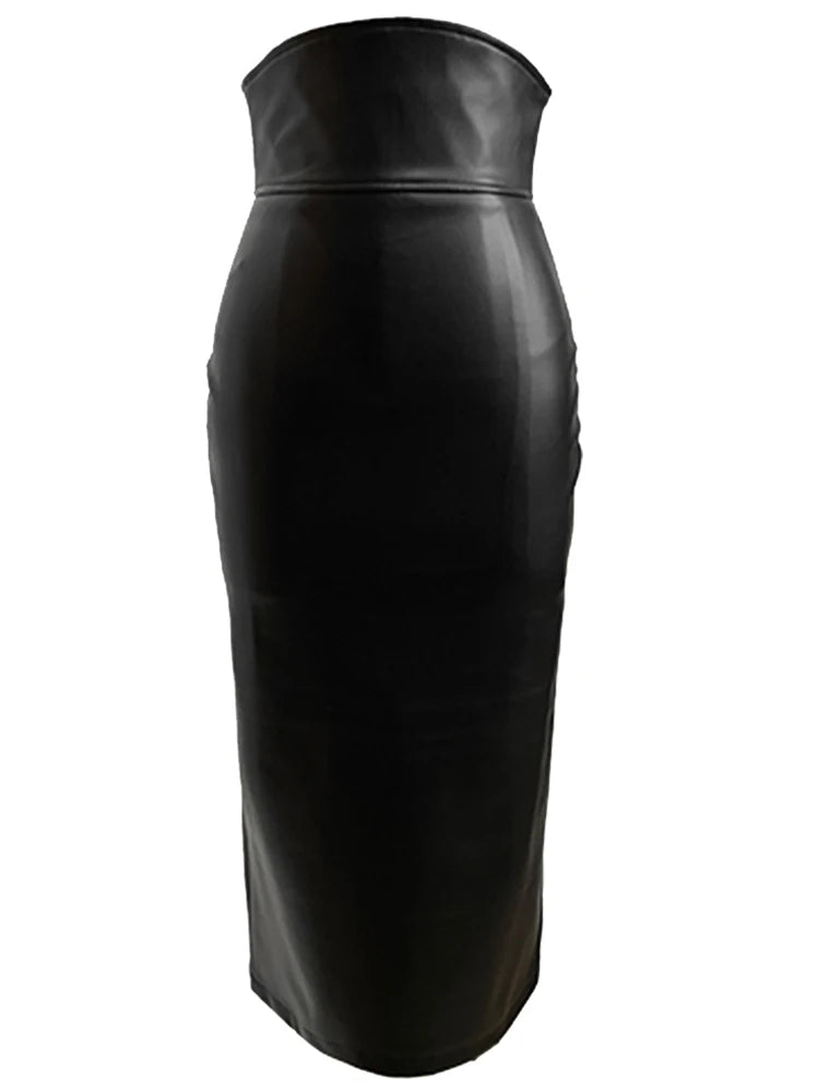Midi Black Soft Pu Leather Pencil Skirt Women Back Slit Belt High Waist Office Skirts