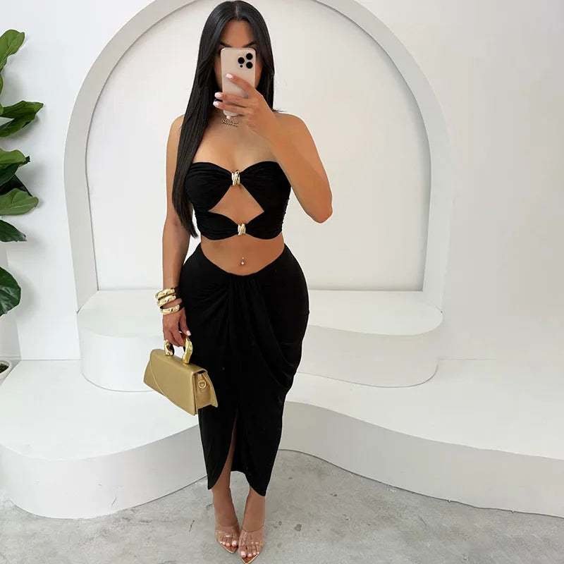 Hollow Metal Buckle 2 Piece Set Resort Wear Women Y2K Split Maxi Skirt Matching Clubwear Outfits
