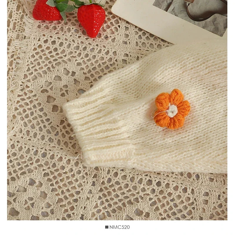 Colorful Flower Cardigan for Women Cute Long Sleeve V-neck Knit Crop Sweater