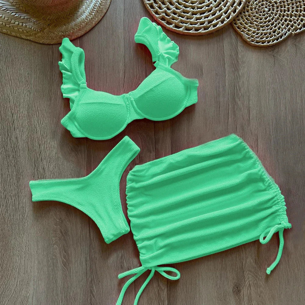 Solid Wavy Fabric Low Waist Ruffle Bikini Set Cover Up Swimsuit For Women