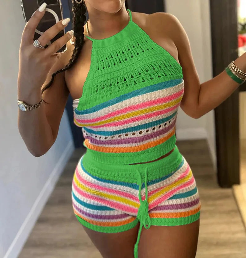 Striped Hollow Out Top & Drawstring Shorts Set Women Two Piece Set Y2k Club Beach Vest Halter Tops Elastic Waist Summer outfit