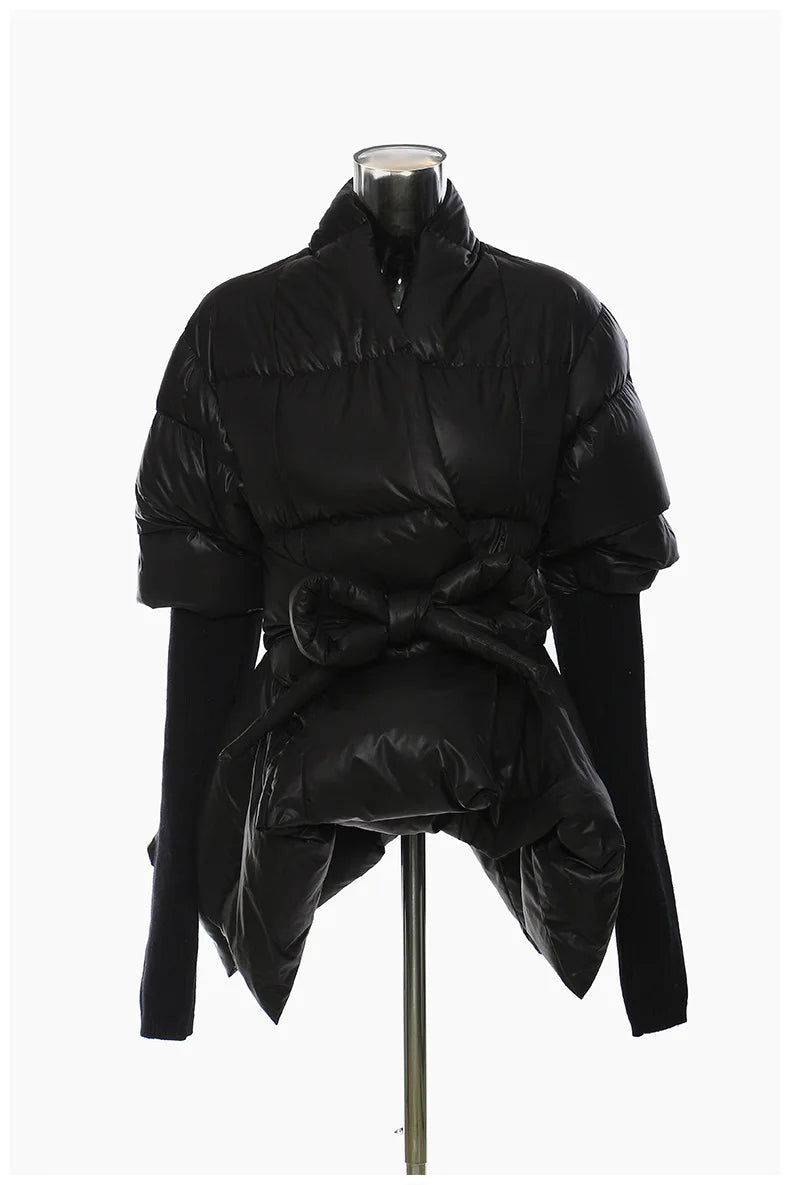 Women's Cotton-padded Coat Belt Irregular Waist Camouflage Knitted Sleeve Parkas Jackets Winter Jackets