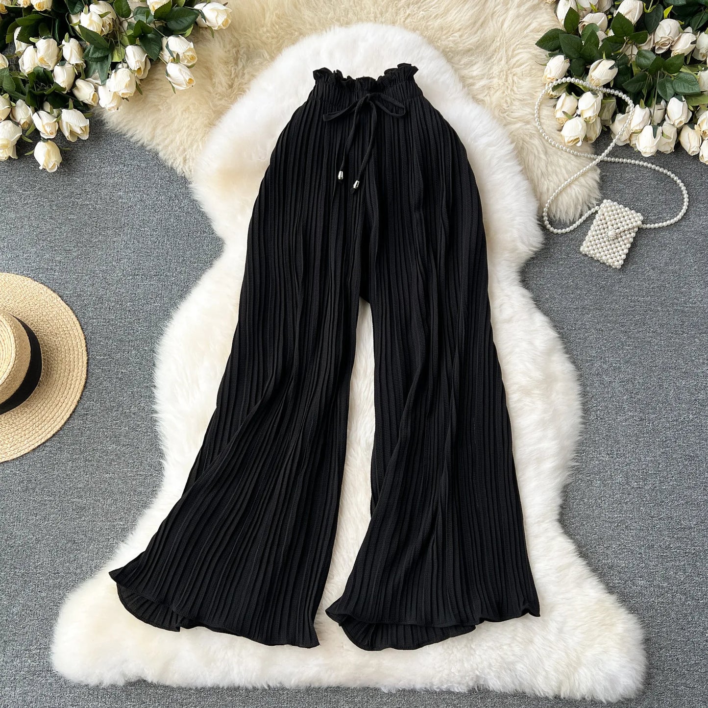 Women Long Pants Wide Leg Pant Solid Loose Casual Lace Up Tight High Waist Capris Regular Pleated Trousers