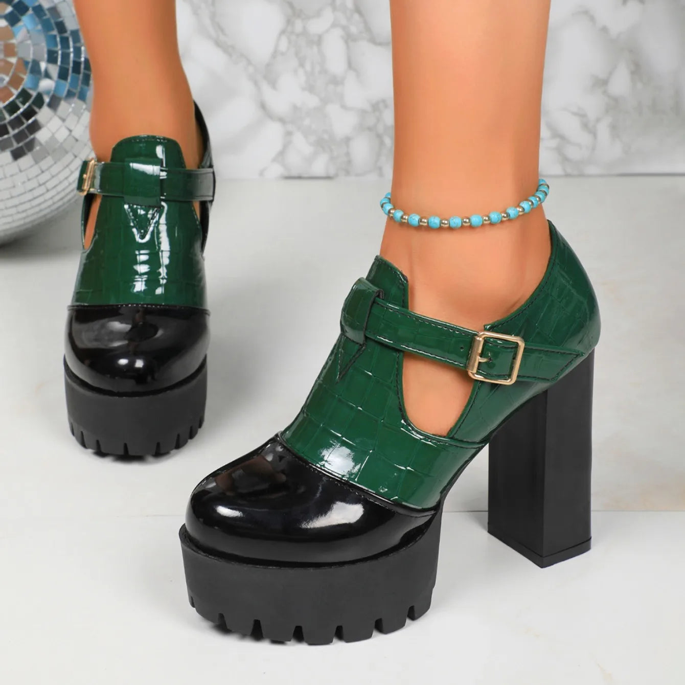 Comfortable Thick Heel Shoes Round Head Deep Mouth Thick Sole Color Matching High Heels