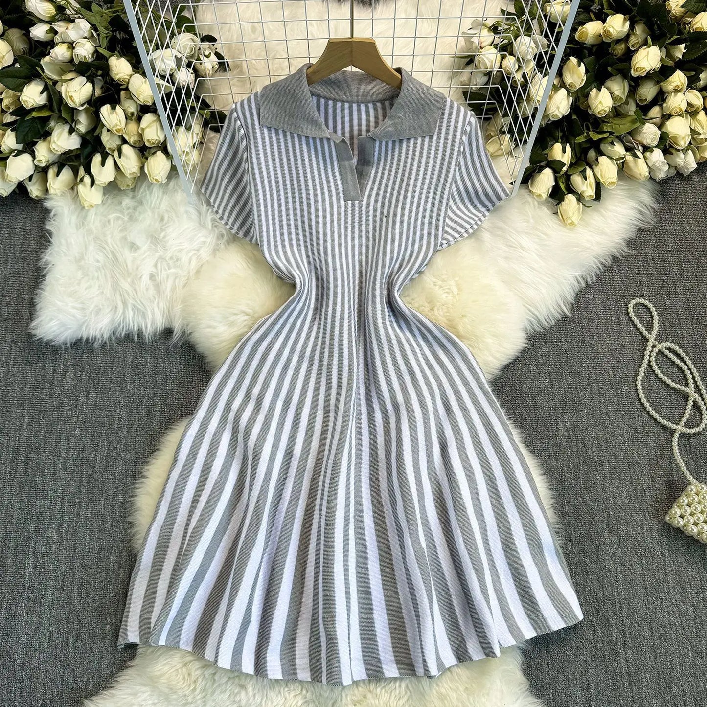 Sweater Striped Dress Knit Dresses Ruffles Party Casual Elegant Knitted Y2k Streetwear