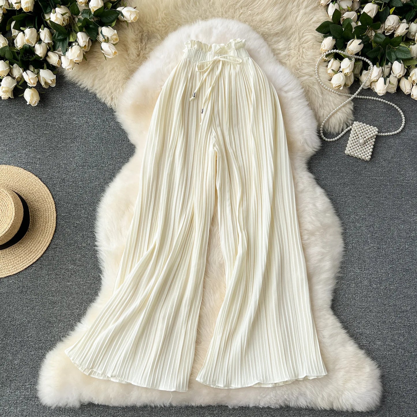 Women Long Pants Wide Leg Pant Solid Loose Casual Lace Up Tight High Waist Capris Regular Pleated Trousers