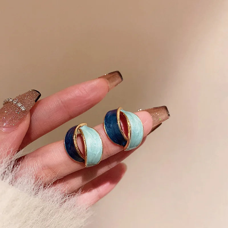 Double Arc Cross Enamel Stud Earring for Women Contrast Color Blue Geometric Earring