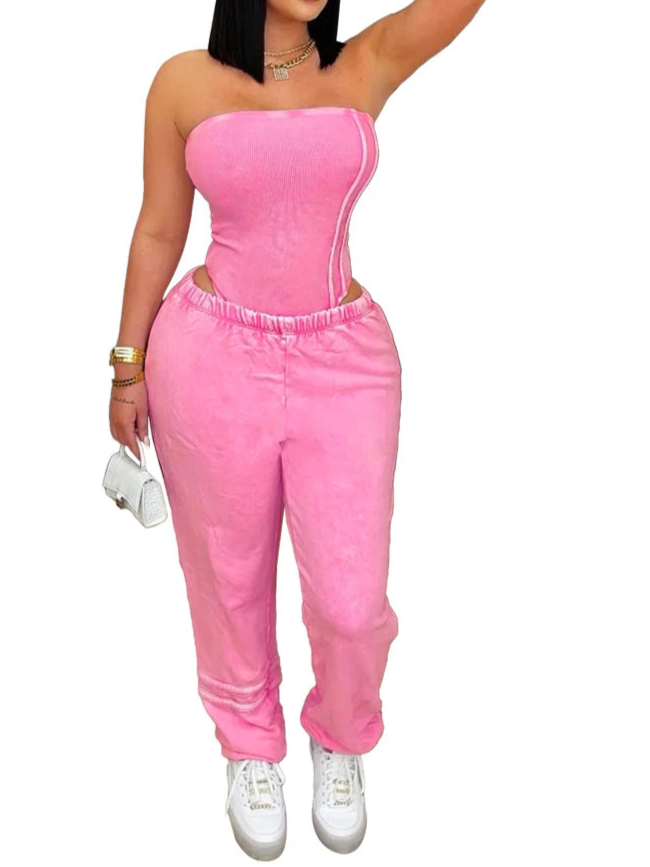 Sexy Washed Strapless Bodysuit and Jogger Pants Set for Women Trendy Two Piece Jogging Suit Sets