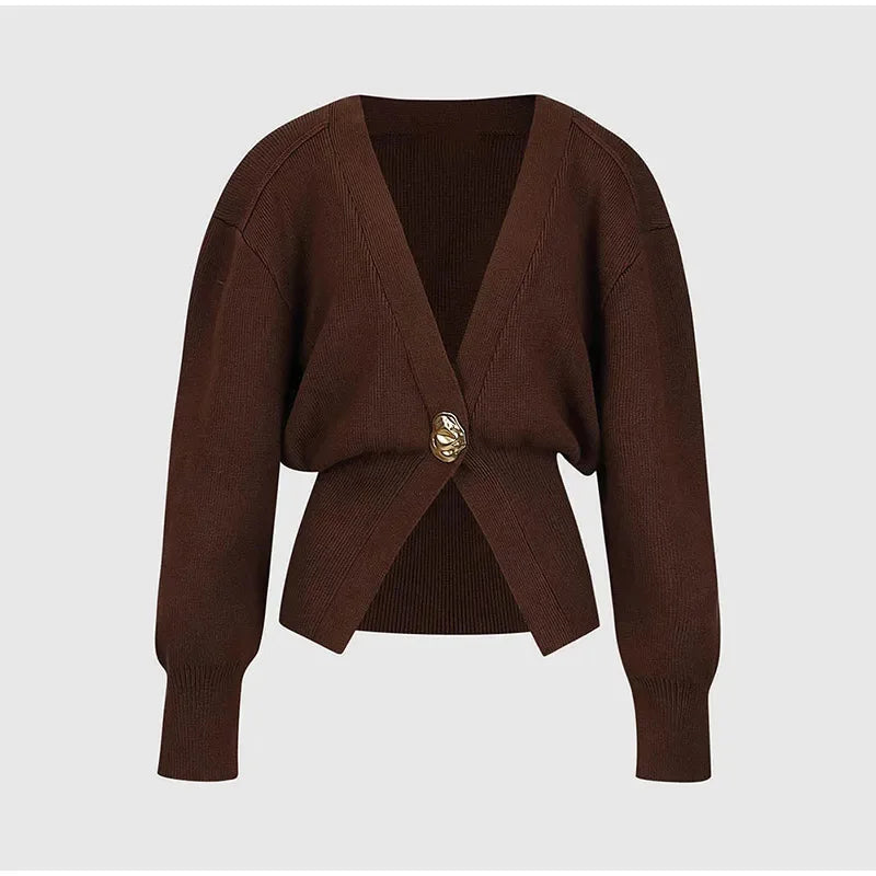 Women's Button Knitted Cardigan Vintage V Neck Full Sleeve Cropped Sweater