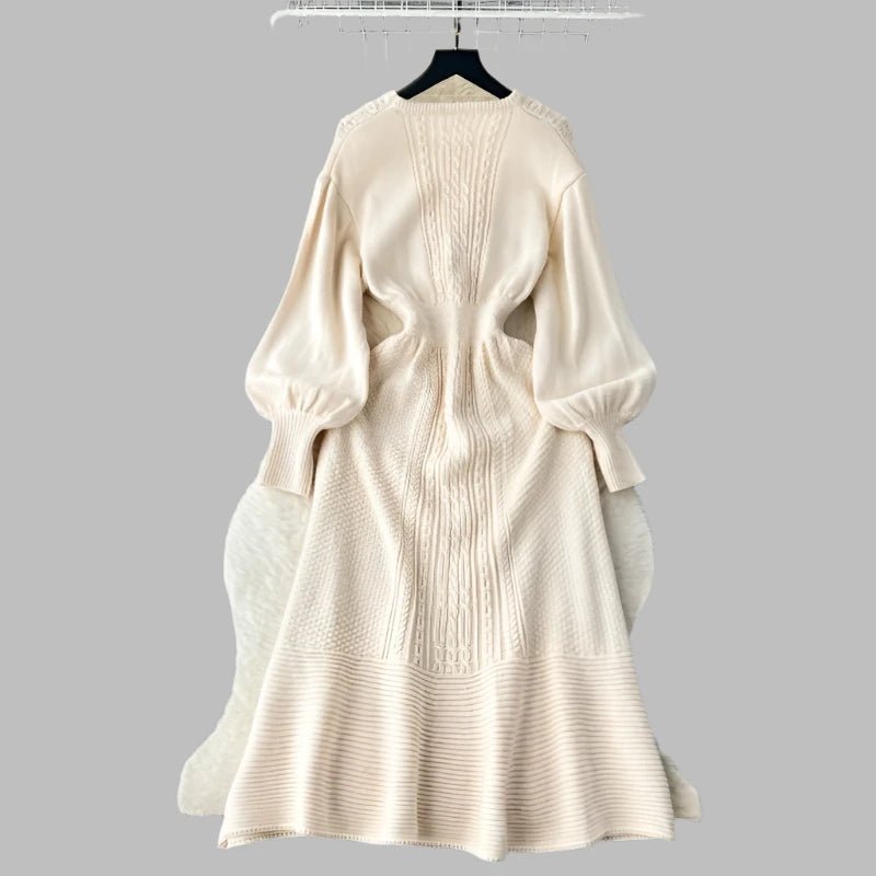 Lazy Style Round Neck Waist Wrapped Slim Mid Length Bubble Sleeve Knitted Dress