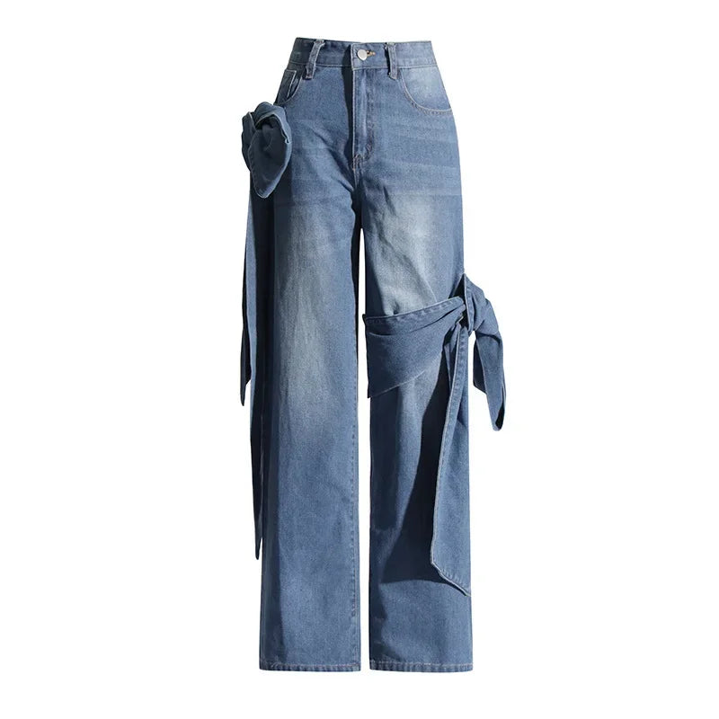 Jeans Women Bow Denim Wide Leg Floor Length Pant Y2k Mom Jeans