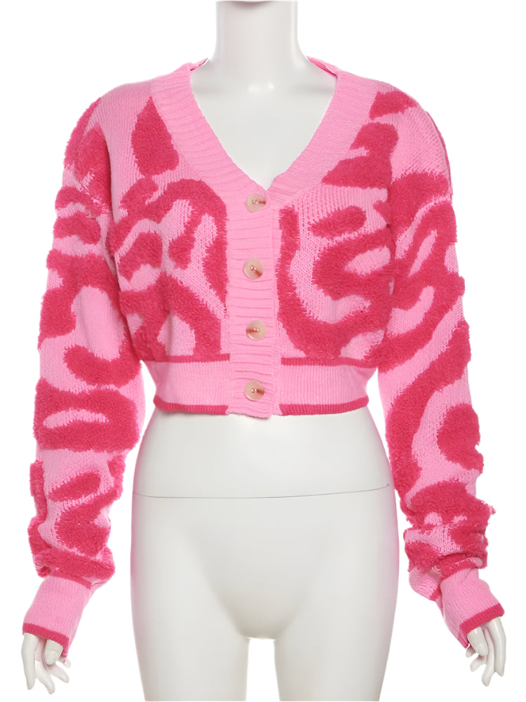 Women Bare Midriff Sweet Knitted Crop Cardigan Girls Fleece Patchwork Warm Button Sweater