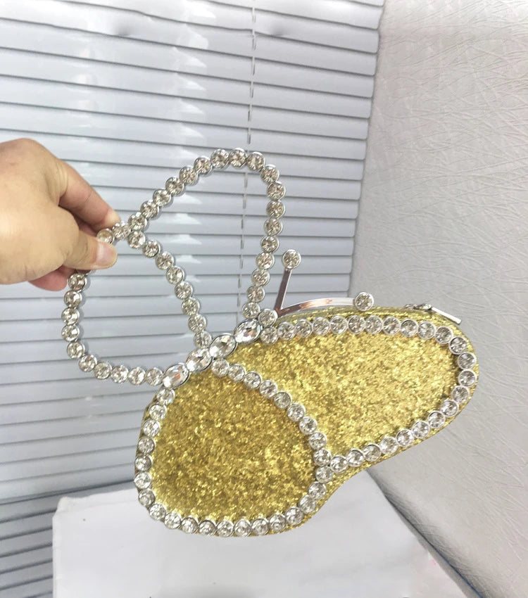 White Rhinestone Pink Butterfly Wedding Evening Clutches Party Prom Purse