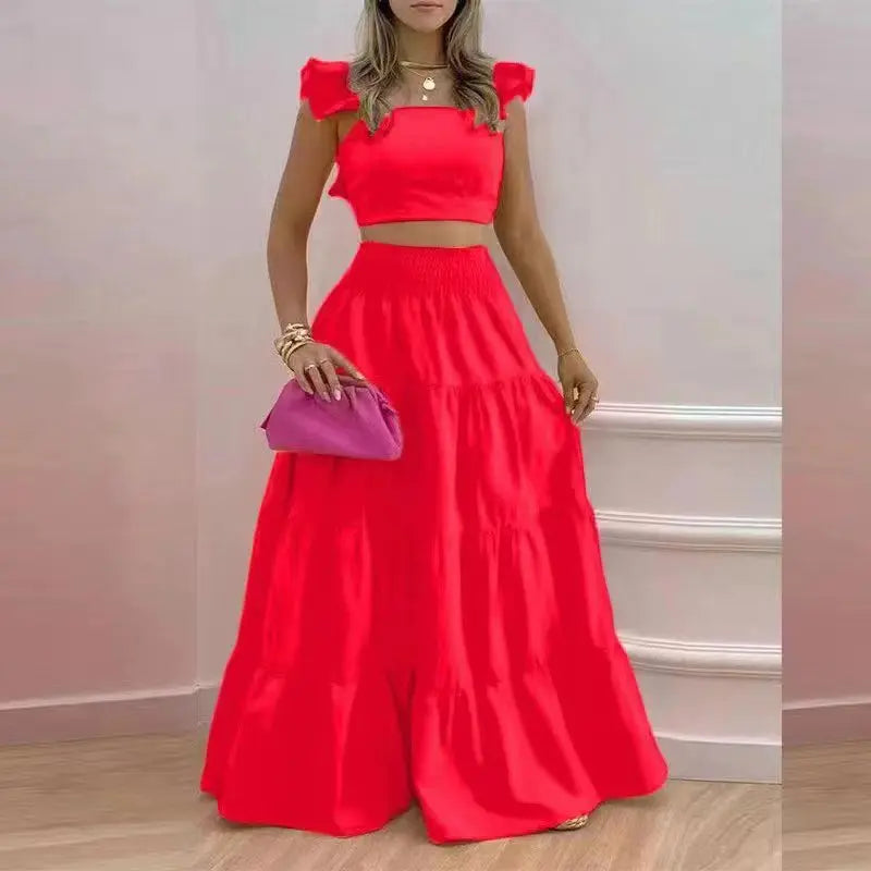 Y2k Two Piece Set Elegant Sexy Collage Sleeveless Top and Maxi Skirt Set