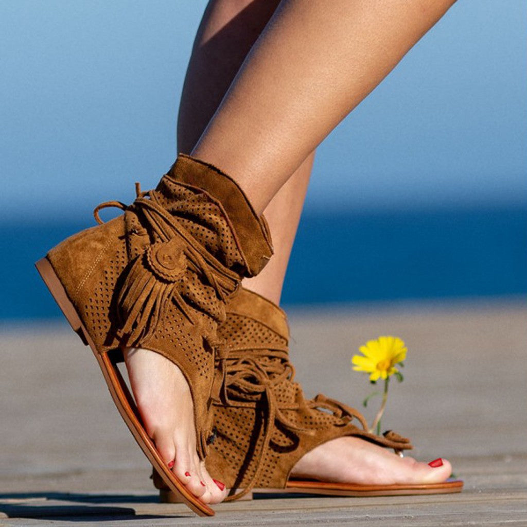Sandals for Women Retro Bohemian Tassel Roman Beach Shoes Summer Clip Toe Gladiator Sandals