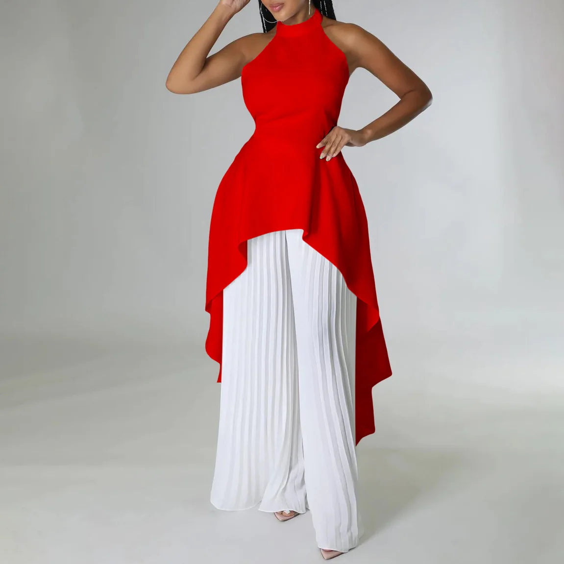 Elegant Two Piece Set Women Outfit Backless Top Hundred Pleated Wide Leg Pants Trousers Suit Summer Office Lady Suit