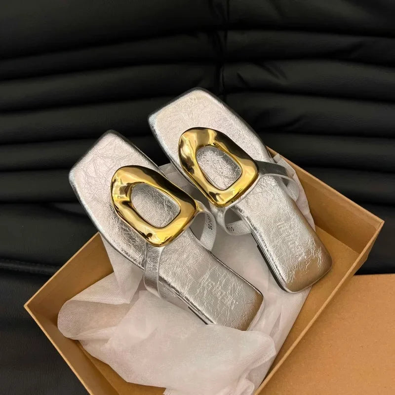 Large Size Women's Shoes Open-toed Flip-flops Flat Metal Buckle Sandals