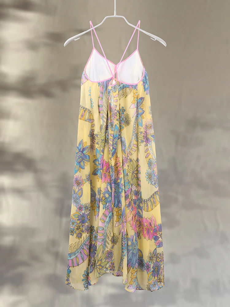 Print Floral Women's Dress Halter V-neck Sleeveless Hollow out Straight Vacation Dress