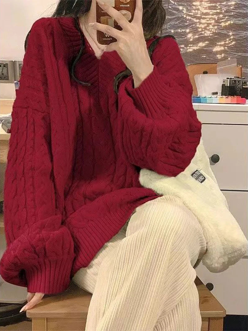 Harajuku Women Sweater Cute Oversized Knitted Pullover V Neck Sweater