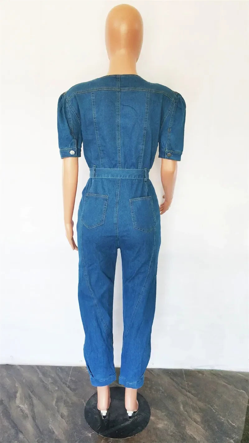 Denim Jumpsuit for Women Lace-up Pencil Pant Jeans Short Sleeve Sashes Long Rompers Playsuits One Piece Overalls Outfits