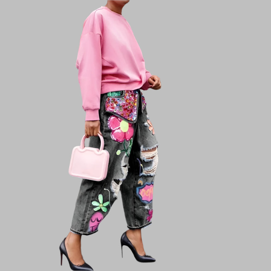 Diamond Splicing Loose Jeans Women High Waist Button Pocket Denim Trousers Casual Female Streetwear