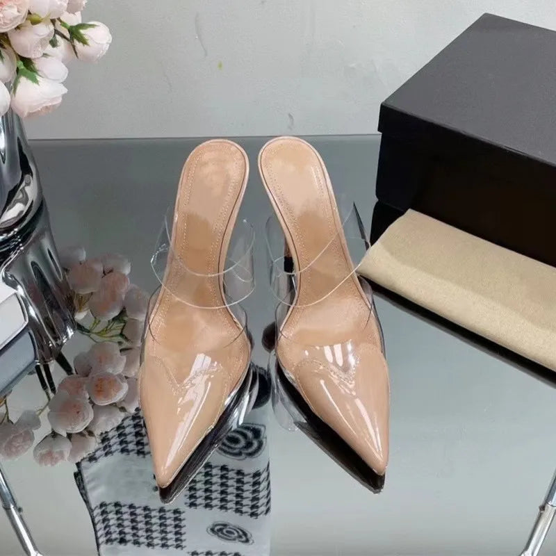 Transparent PVC Mixed-color Women Pumps Elegant Pointed toe Thin High heels Slingbacks Mules Party Prom Shoes