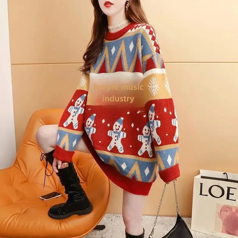Christmas Sweater Women's Medium-Length Winter Loose-Fit Thickened Knit Pullover