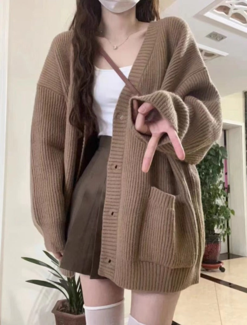 Women Cardigan Long Sleeve V-neck Loose Knitted Sweater Cardigan
