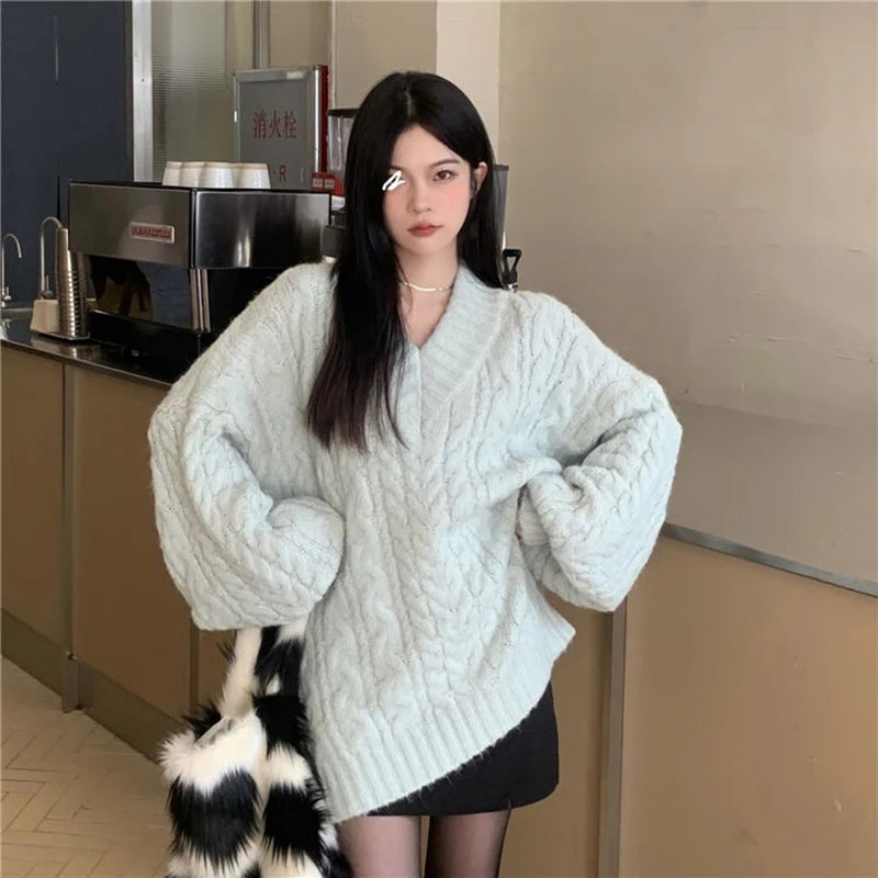 Harajuku Women Sweater Cute Oversized Knitted Pullover V Neck Sweater