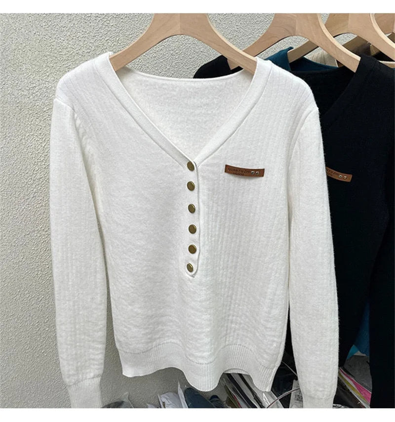 Thick Velvet V-neck Sweater Women Korean Fashion Lined Warm Knitted Pullover