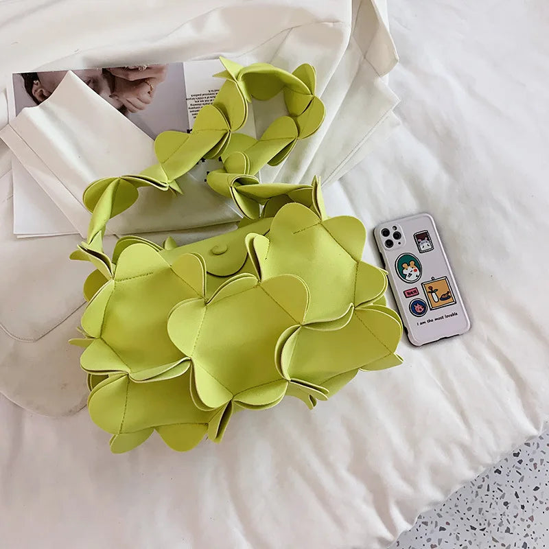 3D Flower PU Leather Armpit Purse Shoulder Bags Women Solid Color Fabric Crossbody Bag