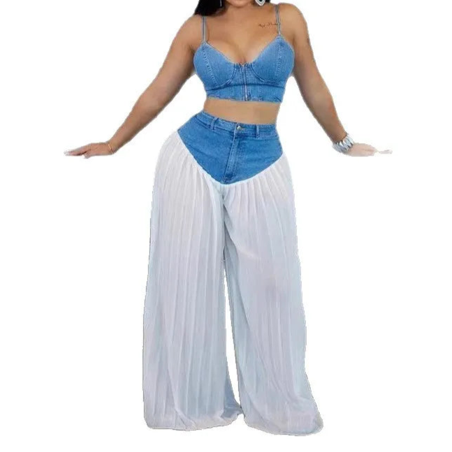 2 Piece Sets Women Sexy Denim Camisole Pleated Wide Leg Pants + Vest Floor Length Suit Summer