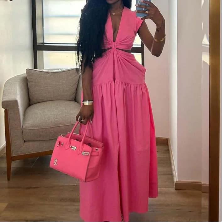 Women Short Sleeve Tie Up Open Waist Deep V-neck Maxi Long Dress