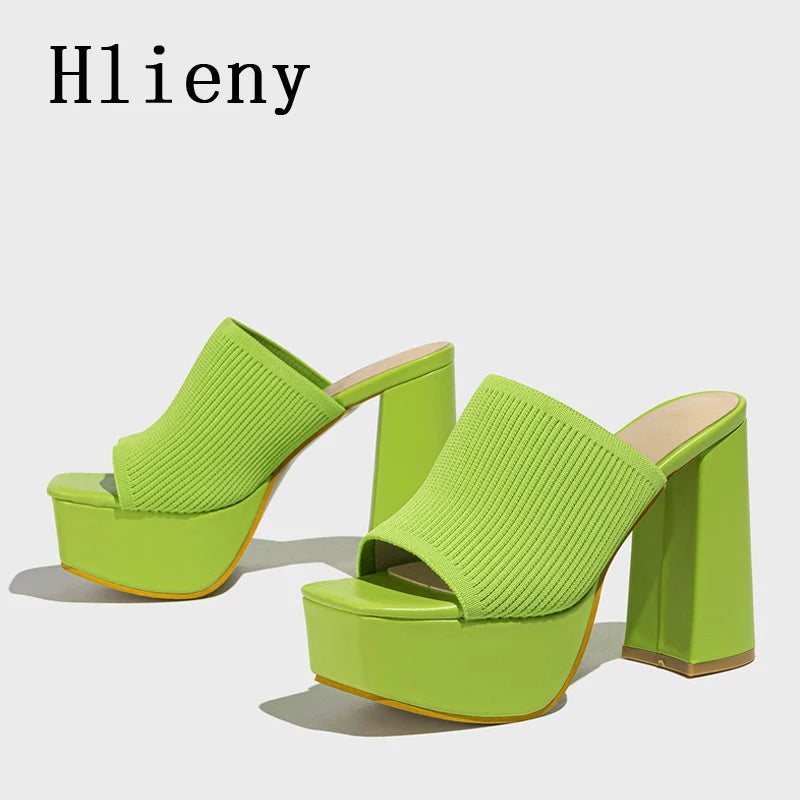 Knitted Platform Slippers Chunky High Heels Women Peep Toe High Heel Slippers