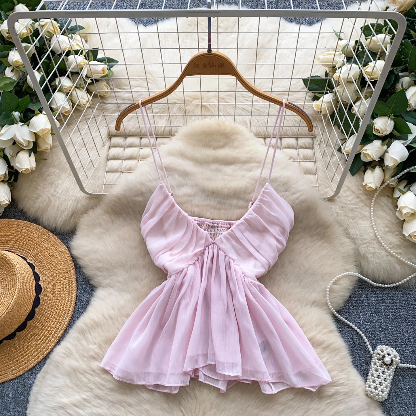 Chiffon Tops Straps Deep V Backless Top Ruffles Short Tank Top Vacation Style Sexy Tops