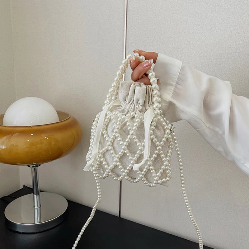 Luxury Pearl Women Bucket Tote Bag Woven Pearl Crossbody Bags for Women Small Wallet