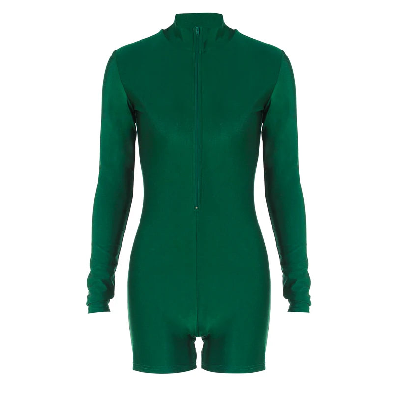 Solid Turtleneck Playsuit Romper Long Sleeve Zip Up Sexy Slim Skinny One Piece Playsuit Party Romper