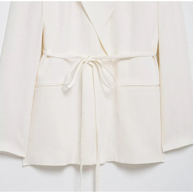 Elegant Blazer Pants Sets Women V-neck Lace up Jacket Full Sleeve Wide Leg Trousers Suit