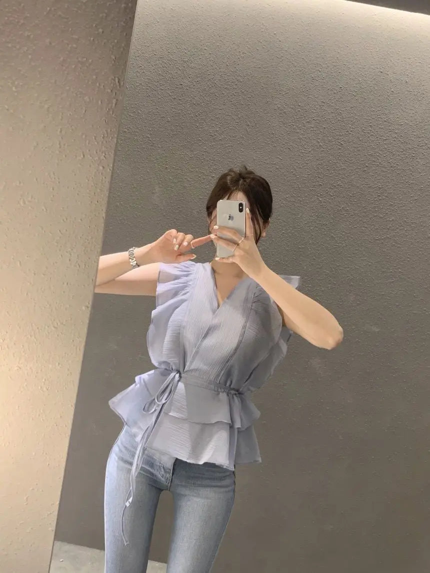 Lace Up Top Ruffled V-neck Sleeveless Shirts Blouse for Women