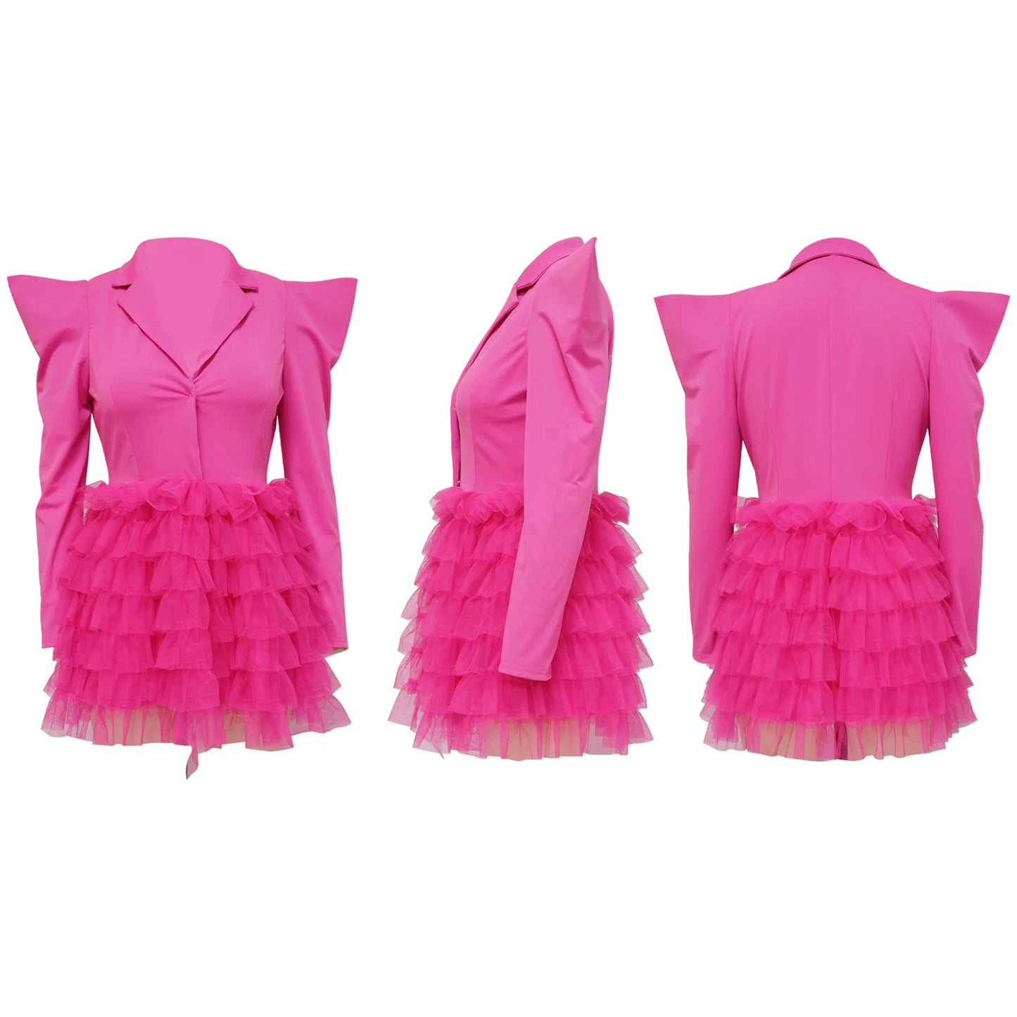 Mesh Paneling Solid Right Shoulders Long Sleeves Cake Dress For Women