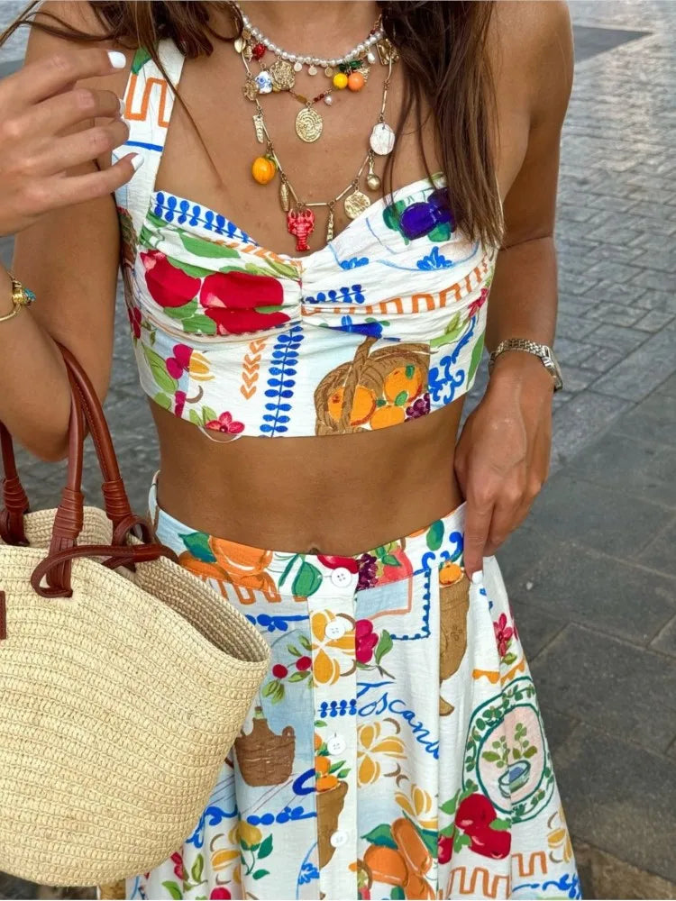 Colorful Printed Suspenders Skirt Set Women Patchwork Quilted High Waist Skirt Two Piece Summer