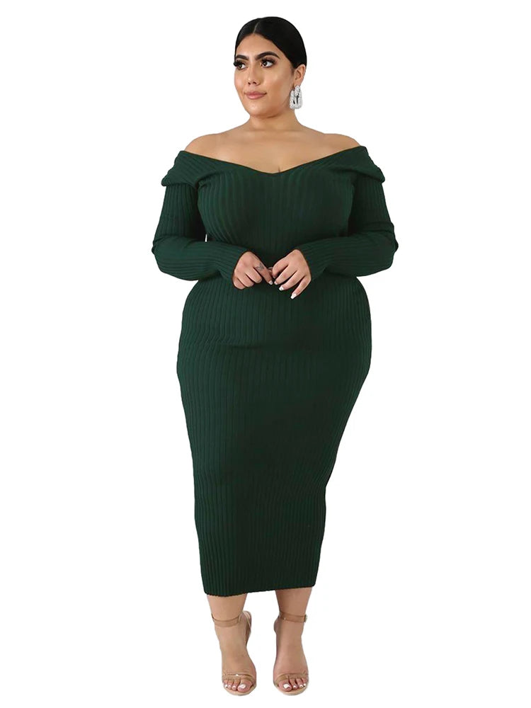 Ladies Knitted Sweater Dress Midi Dress Long Sleeves Chic and Elegant Plus Size Dresses