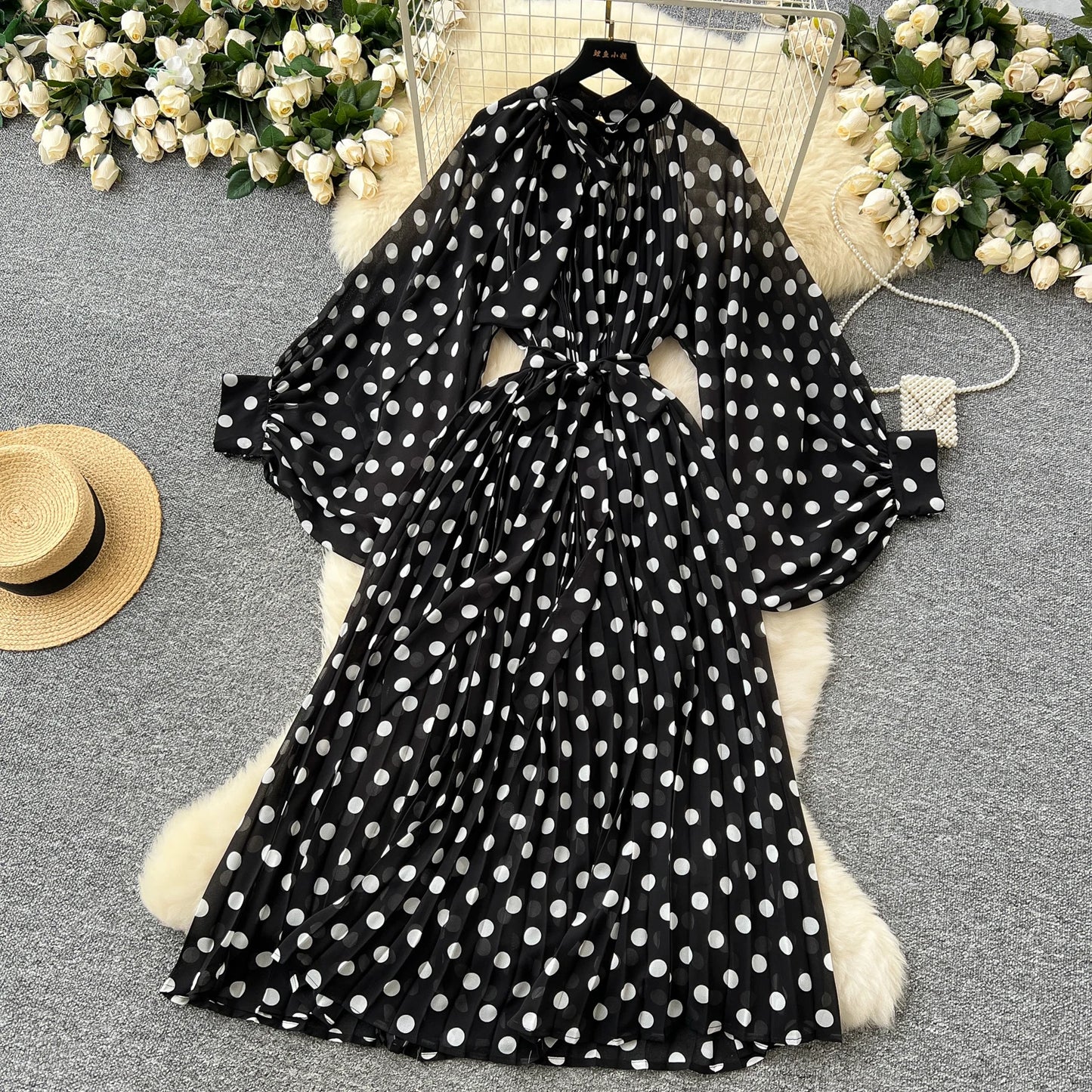 Women Elegant Long Flare Sleeves Vintage Bow neck Bow Loose Midi Dress