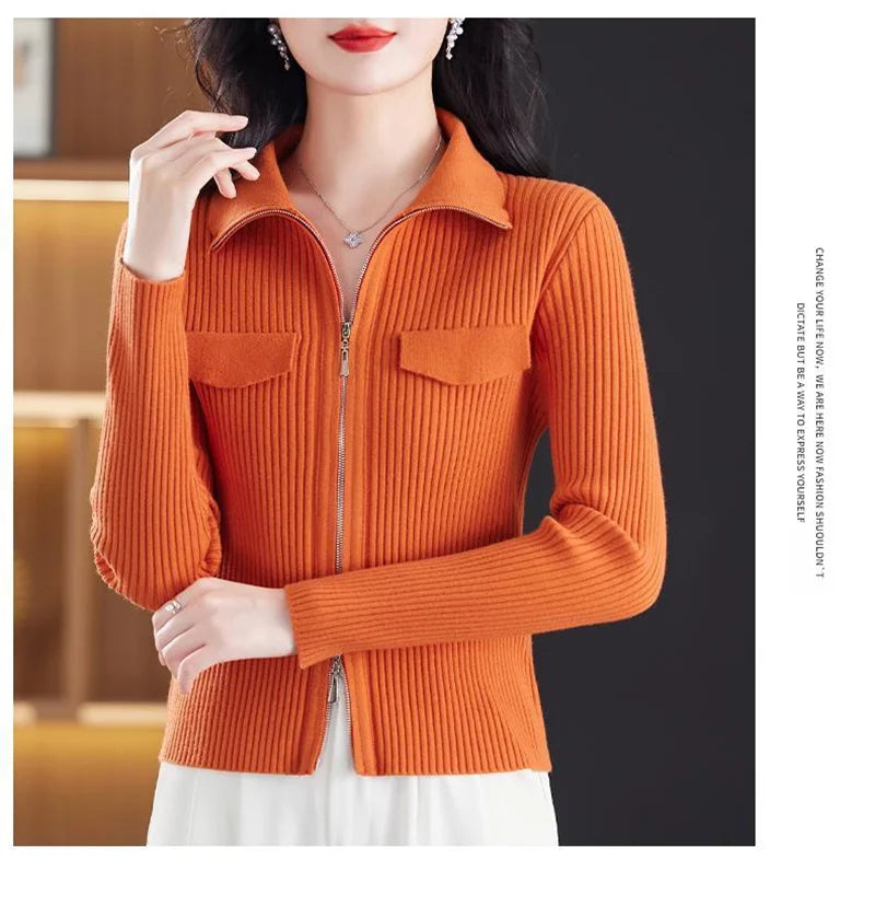 Women Knitted Sweater Cardigan Short Jacket Turn-Down Collar Knit Top