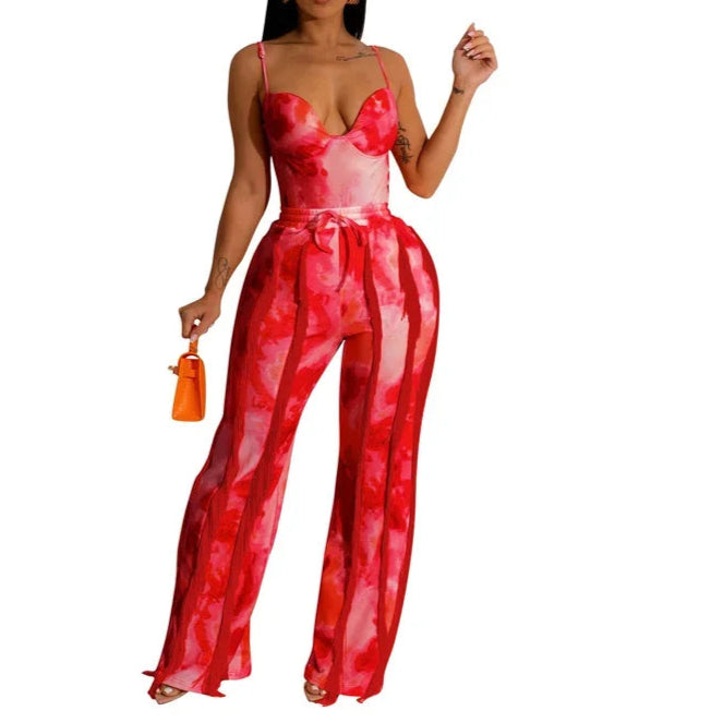 Tie Dye Printing Two Piece Set for Women Pant Sets Birthday Outfits Clubwear Bodysuit Top and Fringe Tassel Pants Matching Sets