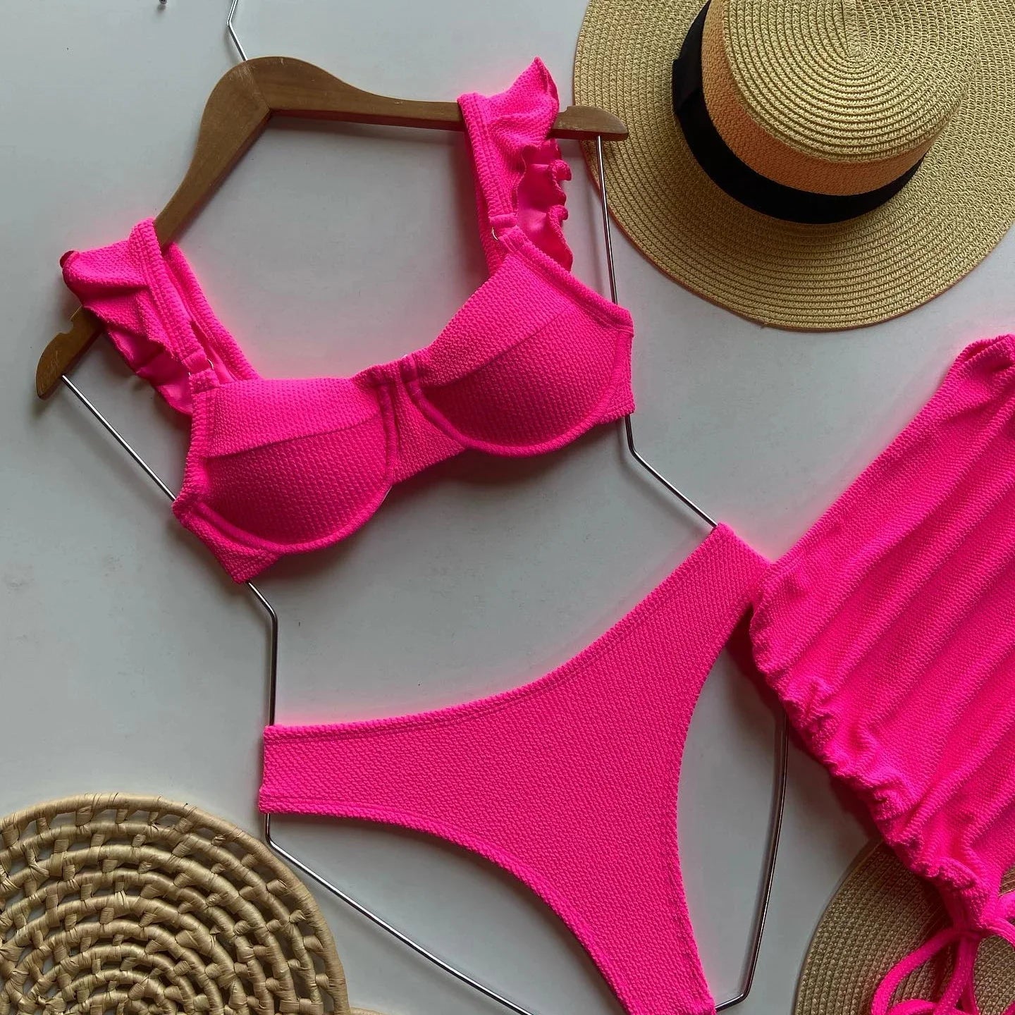Solid Wavy Fabric Low Waist Ruffle Bikini Set Cover Up Swimsuit For Women